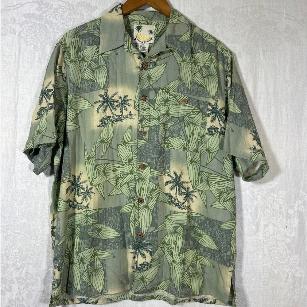 Banana Cabana 100% Silk Shirt Medium Green Palm Hawaiian Aloha Button Up